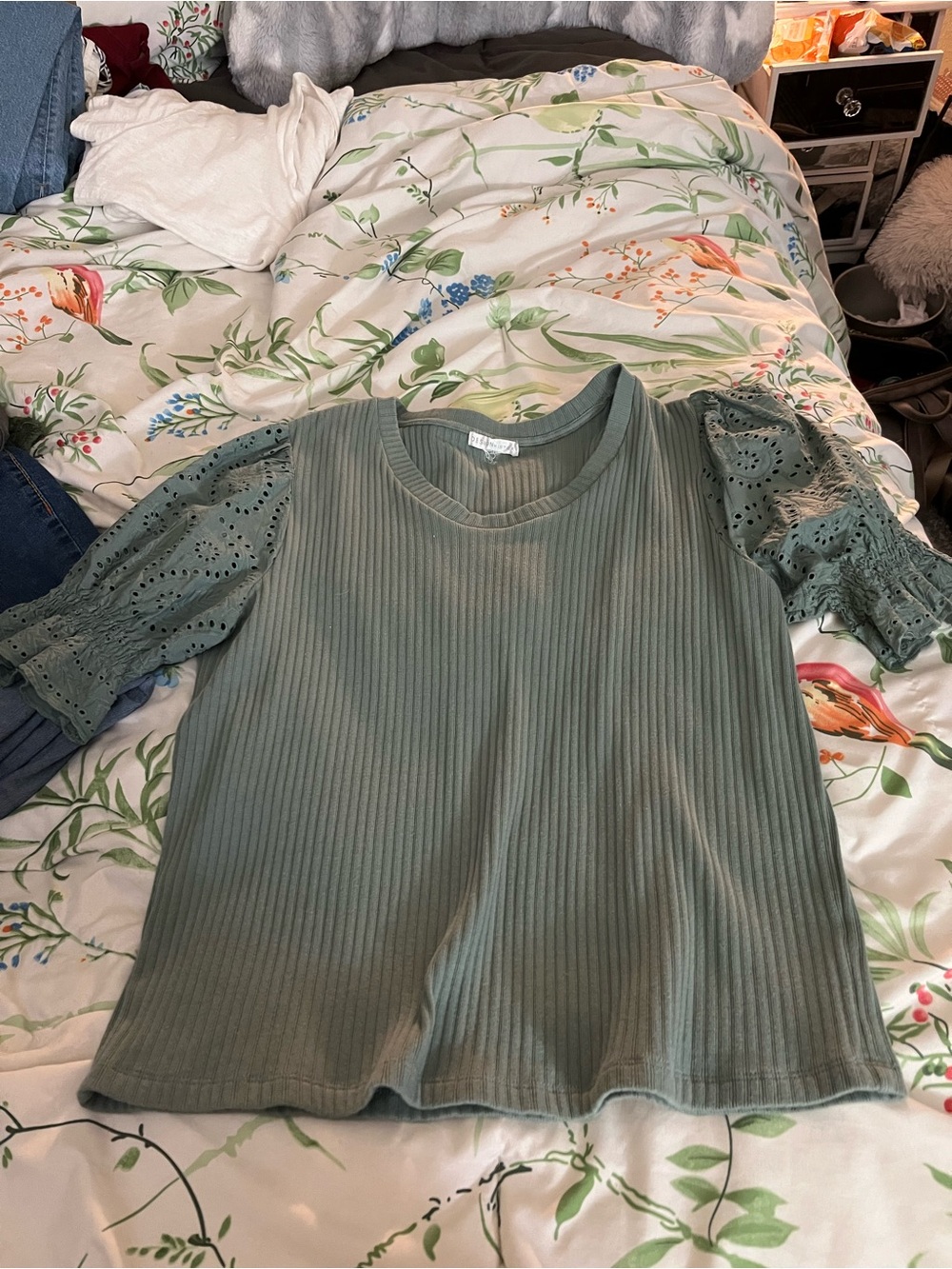 Design History Sage Green Ribbed Top with Eyelet Puff Sleeves